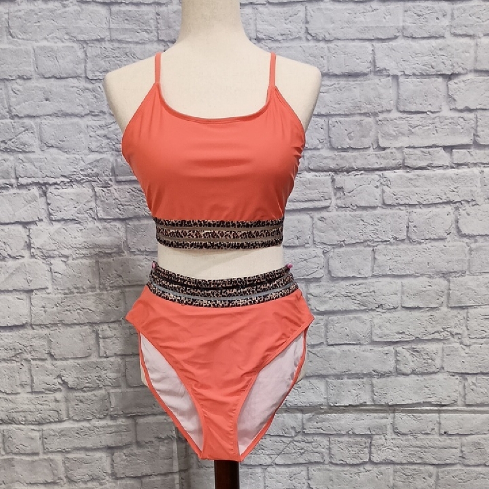 Coral Two-Piece Swimsuit with Patterned Accents